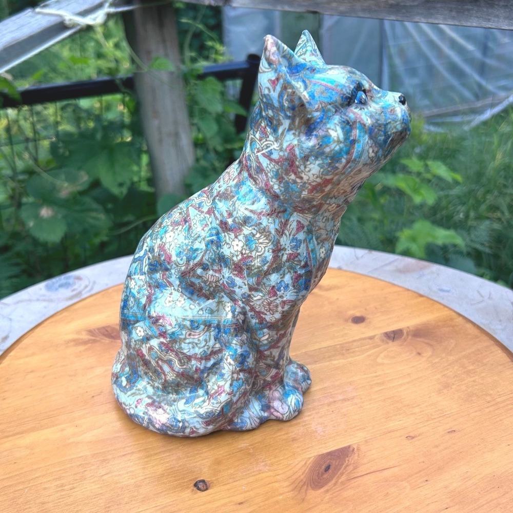 Vintage Floral Chintz Decoupage Ceramic Cat Figurine Blue Kitsch Statue 9 Inch‎